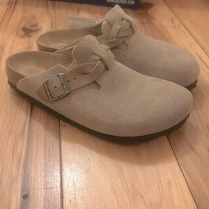 Staud +Birkenstock Boston Braid Clog size 38 in Taupe Suede-Brand New in Box!